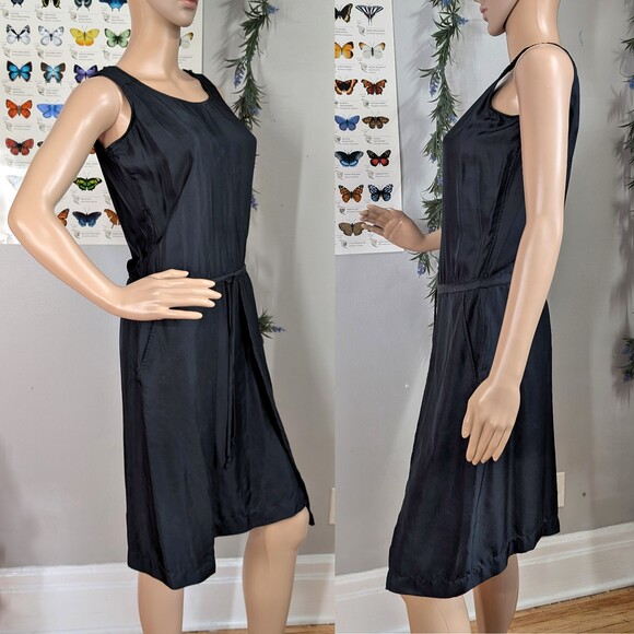 Pure DKNY Mini Dress Black 100% Silk Dropwaist Tie Lagenlook - Picture 4 of 12